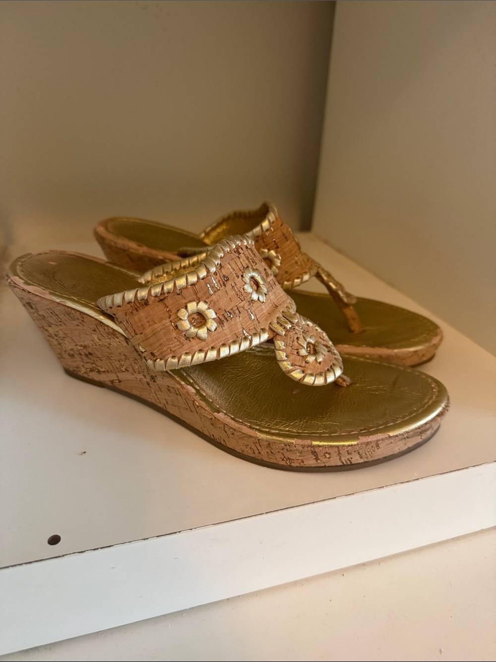 Jack Rogers Metallic Gold Cork Wedge Thong Sandals